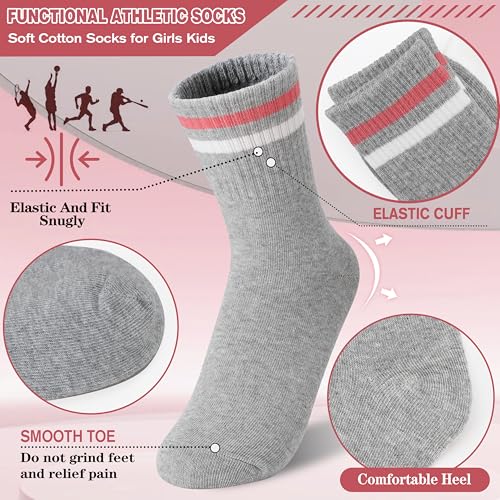 Kids Girls Socks 6 Pairs Athletic Sport Basketball Crew Breathable Cotton White Pink Heart 9-15 Years