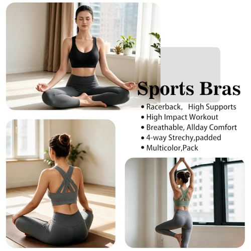 XX-Large Double Couple Sports Bras for Women 3 Pack Medium Support Adjustable Padded Black Green White