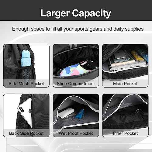 Hoedia Sports Drawstring Backpack - String Swim Gym Bag with Shoes Compartment and Wet Proof Pocket for Women&Men