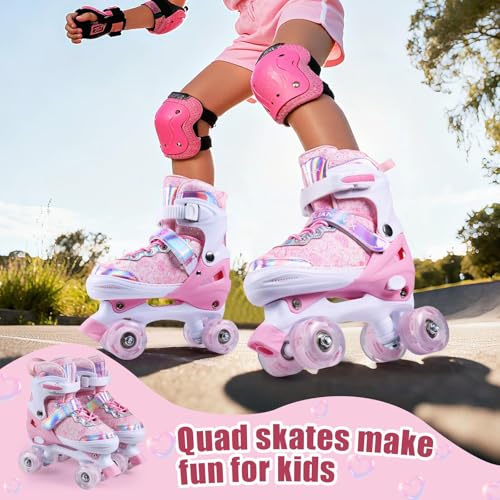 Pink Adjustable Kids Roller Skates for Girls Boys Toddlers Teens Youth - Small (10C-13C)