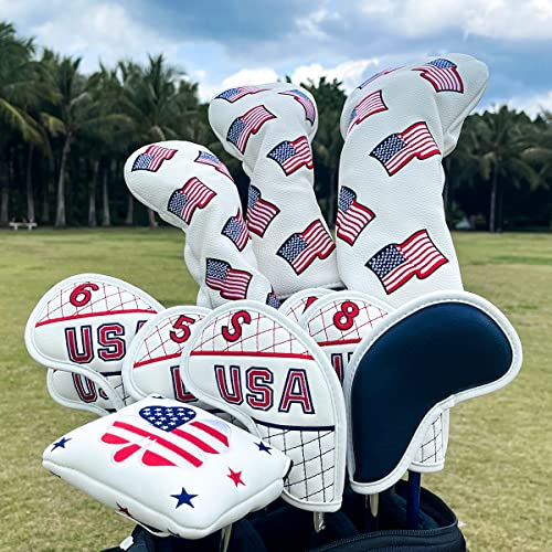 3pcs US Flag Patriotism Golf Club Head Covers Set for Driver, Fairway & Hybrid - Synthetic Leather
