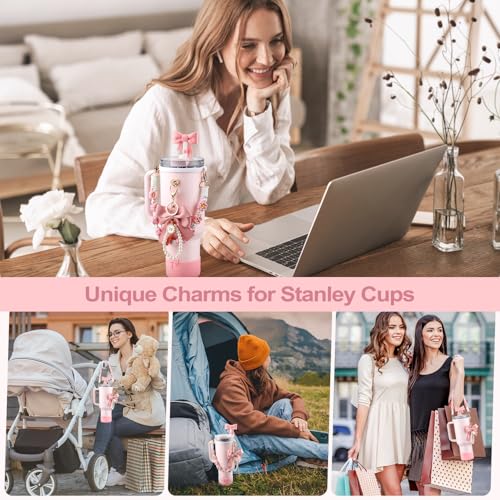 Stanley Cup Accessories Set,Bow Straw Cover, Water Bottle Handle Strap, Siliocne Cup Boot, Pearl Charms, Straw Topper for 40oz & 30oz Stanley Tumbler for Women (Pink)