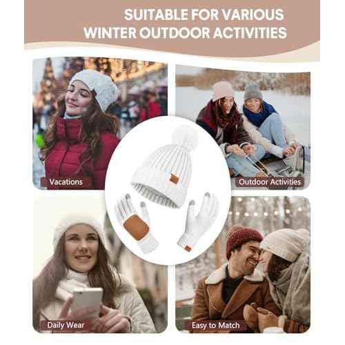 Womens Winter Beanie Hat with Pom and Touchscreen Gloves Set£¬Soft Warm Knit Cap and Gloves with Faux Suede for Cold Weather