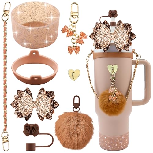 Bling Stanley Cup Accessories for 40oz & 30oz Tumbler including Silicone Cute Bow Straw Topper Cover, Silicone Stanley Cup Boot,Leather Water Bottle Handle Strap, Charms(Brown)