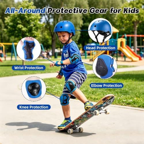 Kids Bike Helmet for Ages 2-8 - Adjustable Safety Helmet with Protective Gear Set - Blue, Small