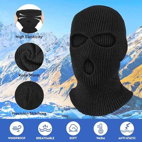 Pukavt 1-2 Pack 3 Hole Winter Knitted Mask, Full Face Cover Ski Mask Warm Balaclava for Skiing, Motorcycle, Snowboard
