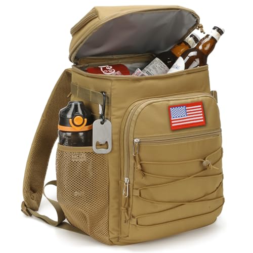 Brown 25L Insulated Cooler Backpack Water-Resistant Camping Bag with Multiple Pockets