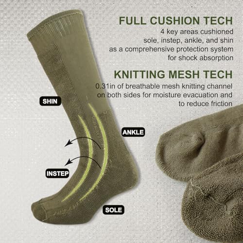 Men's Hiking Socks - Tactical Over-the-Calf Work Boot Socks 4 Pack, Green, Large