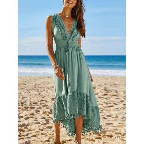 CUPSHE Women's Maxi Dress V Neck Sleeveless Lace Tassel Smocked Waist Cover Up Beach Formal Long Dress