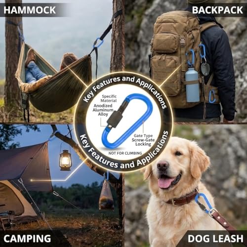 10 Pack Aluminum D Ring Key Rings Locking Carabiners for Hiking Camping Fishing - Black, Gold & Green