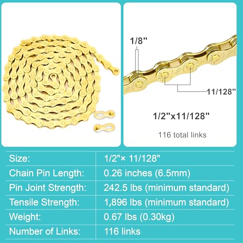 6/7/8 Speed Gold Bike Chain, Bicycle Chain Bike Parts Chain Replacement for Road Mountain Racing Cycling E-Bike MTB BMX (Gold 6/7/8 Speed)
