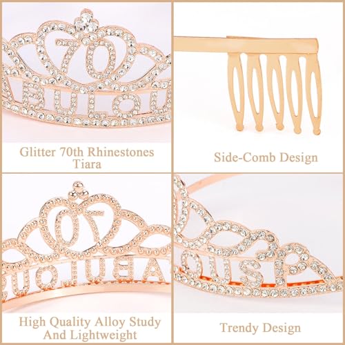 70th Birthday Decorations for Women, Rose Gold 70th Birthday Sash and Crown Tiara for Women 70th Birthday Party Favor Decorations 70 and Fabulous Sash and Crown