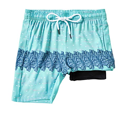 Boys Swim Trunks with Boxer Brief Liner - Blue Big Leaf, Quick Dry, 7-8 Years
