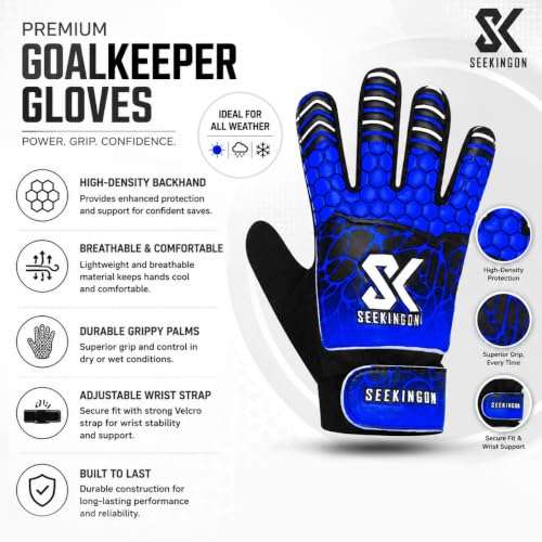 Youth Soccer Goalkeeper Gloves with Double Wrist Protection & 4mm Super Grip Palm - Blue/White, Size 4
