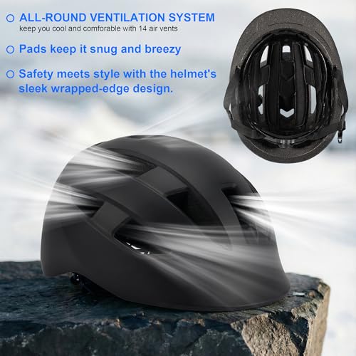 Adult Bike Helmet with Rear Light, Matte Black, L Size 22-23.6in