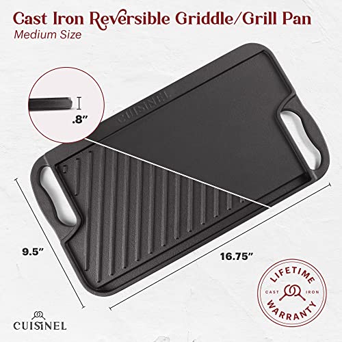 Reversible Cast Iron Griddle with Grill Press Set - 16.75 Inch, Double-Sided Cooking Surface