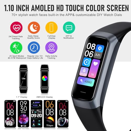 Bakoor Black Fitness Tracker with 24/7 Heart Rate & Sleep Monitoring, Waterproof Step Counter, 1.10" AMOLED Screen, Men Women