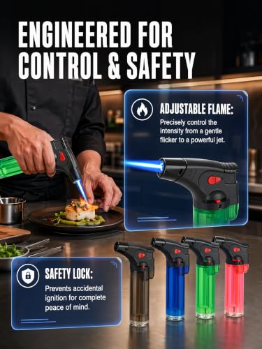 Adjustable Butane Lighters Refillable Jet Flame for BBQ Camping Candle - Red & Green