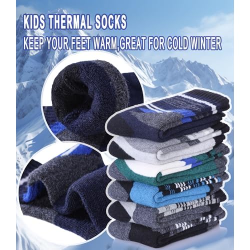 Yebing Kids Merino Wool Hiking Socks Boys Girls Toddlers Winter Warm Thermal Thick Cushion Boot Crew Gift Socks 6 Pairs
