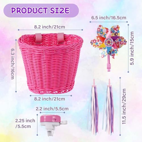 Pink Kids Bicycle Basket Set with Bell, Stickers, Windmill & Tassels