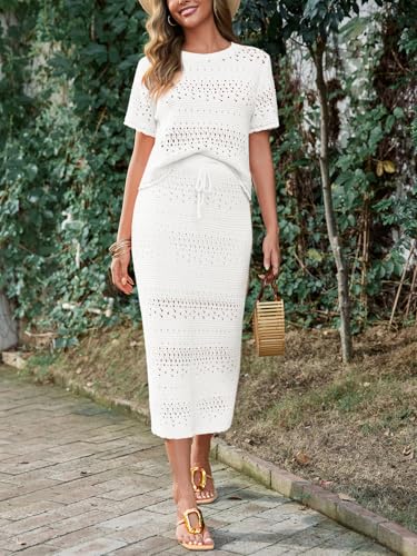 Women's Crochet Cover Up 2-Piece Skirt Set Medium White Vacation Travel Outfit