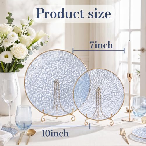 Clear Blue Plastic Plates with Gold Rim - Hammered Design, Disposable Party Dinner & Dessert Plates, 60Pcs, Variation: Clear Blue Gold