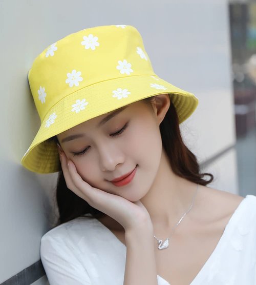 XYIYI Flower Yellow Bucket Hat Beach Fisherman Hats for Women, Reversible Double-Side-Wear