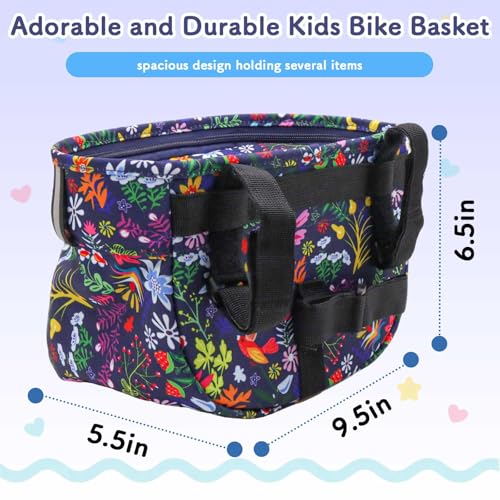 Kids Bike Basket,Bicycle Basket Front, Cute Front Frame Handlebar Bag with Reflective Straps Two Zipper Lip Fit Toddlers Bike Scooter,Waterproof Oxford Cloth Bike Basket for Boys, Girls