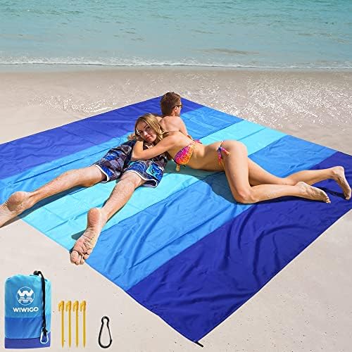 Blue Beach Blanket 120x108 Inches Sandproof Waterproof Quick Dry Outdoor Picnic Mat for 2-8 Adults