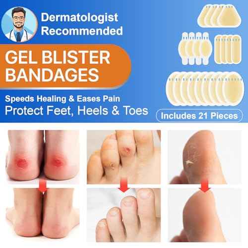 Gel Blister Bandages 21ct, Waterproof Hydrocolloid Blister Bandages for Foot Wound Quick-Healing Blister Cushions for Toe Heel All-Day Prevention, Variety Combo Pack