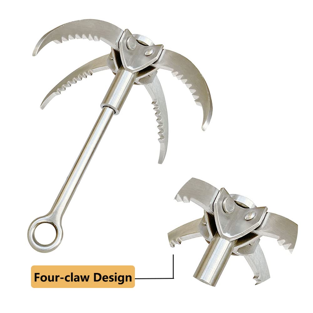 4-Claw Grappling Hook Stainless Steel Claw Carabiner,with 20m/66ft Auxiliary Rope,Climbing Foldable Safety Portable Multifunction Grappling Outdoor for Climbing, Anchoring, Fishing,Hiking