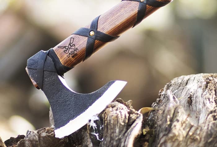ADAM KNIVES Handmade Gift Forged Carbon Steel Viking Axe, Camping Hatchet with Rose Wood Shaft (Ragnar Axe)