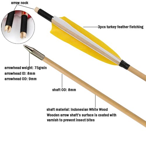 ZSHJGJR 31" Archery Traditional Wooden Arrows Hunting Arrows Target Practice Arrows Wood Arrow Shaft with 5" Turkey Feather for Longbow Recurve Traditional Bow 6/12pcs (Yellow, 12)