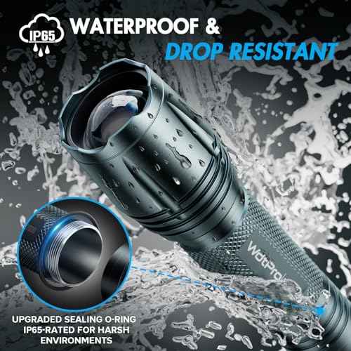 WdtPro LED Flashlight High Lumens SR2000 Pro, 2 Pack Brighter Tactical Flashlights with 5 Modes & Zoomable, Powerful Mini Flash Light for Emergency, Camping, Hiking (Grey)