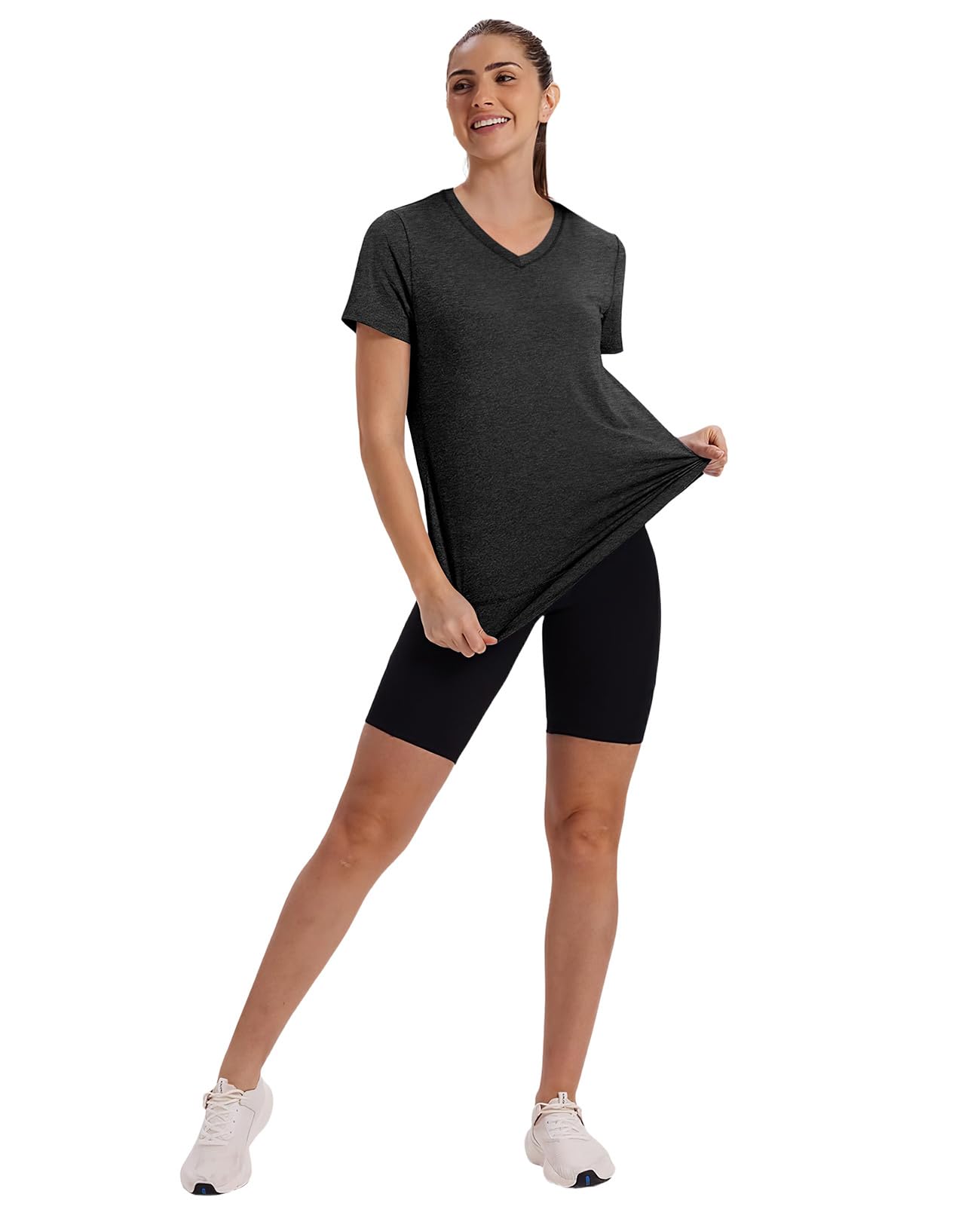 Summer Tops for Women 2026 Short Sleeve Workout Clothes Athletic Shirts Pilates Outfits Camisetas Deportivas para Mujer V Neck Black L