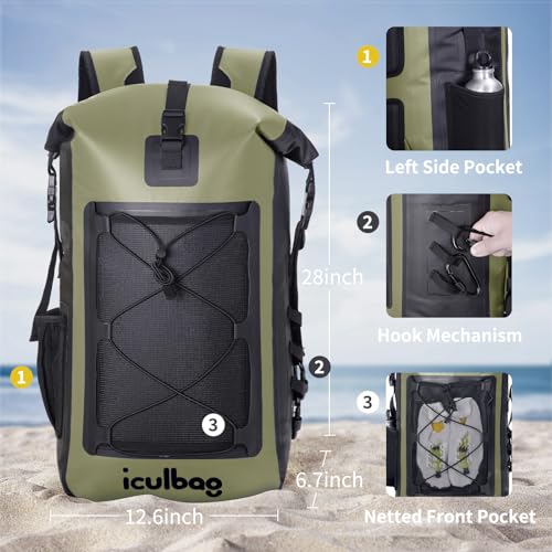 Waterproof Dry Bag Backpack for Travel and Kayaking - Armygreen 30L