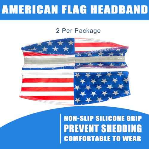 2 Pack American Flag Headband, Non-Slip Stretchy Sports Sweatbands for Men & Women, USA Flag Hairbands for Running, Basketball, Yoga, Workout, Exercise