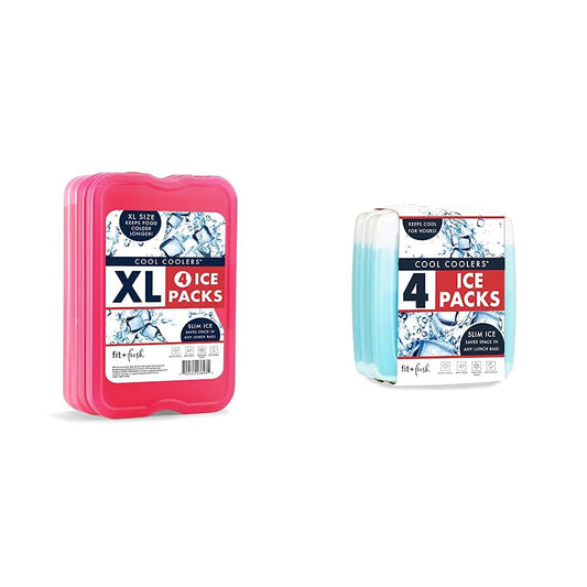 Cool Coolers by Fit & Fresh XL Slim Ice Packs (4 Pack) and Slim Ice Packs (4 Pack), Quick Freeze Space Saving Reusable Ice Packs for Lunch Boxes or Coolers
