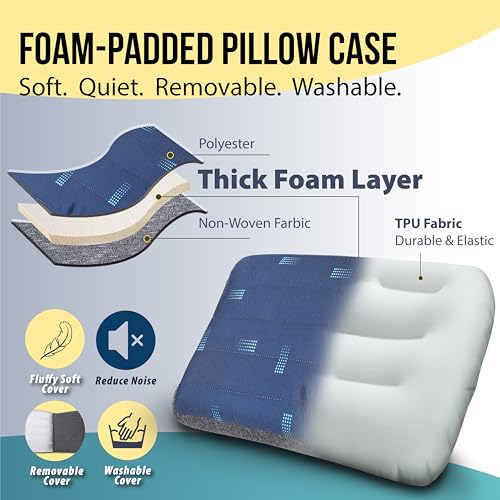 Travel Pillow with Removable Foam Cover - Blue, Adjustable Firmness, Compact for Plane Car Camping