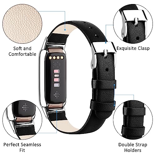 Vancle Leather Watch Band Compatible with Fitbit Luxe - Black, Adjustable Replacement Strap for Women & Men
