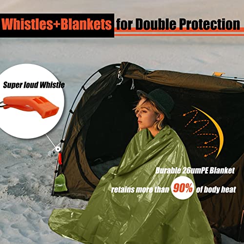 Frelaxy Emergency Blanket 4 Pack - Extra Thick Large Space Blankets with Whistles & Pouches, Army Green