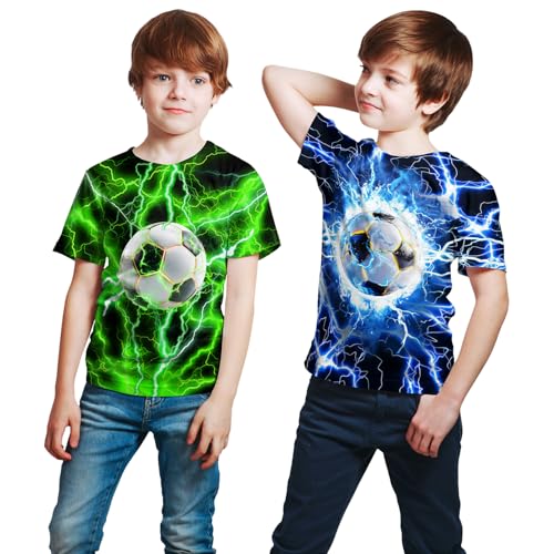 Kids Neon Tie Dye Shirt - Crewneck Short Sleeve Tee for Boys & Girls 6-16 Years, Blue Lightning Soccer Variation 11-13 Years