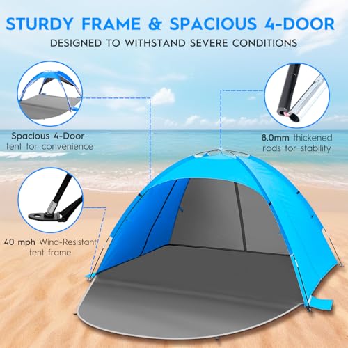 Beach Tent Sun Shelter for 3?4 People, UPF 50+ Beach Tent with Breathable 4-Door Design, 8.0mm Fiberglass Poles, Portable Sun Shade Canopy for Camping & Outdoor ? Blue