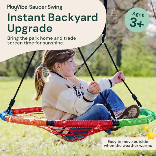 PlayVibe Multicolor Spider Web Tree Swing - 40 Inch Saucer, 440 lb Capacity