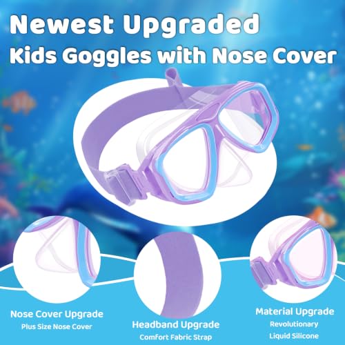 Kids Swim Goggles with Nose Cover - Purple Blue Dual-Lens, No Leak, Soft Fabric Strap