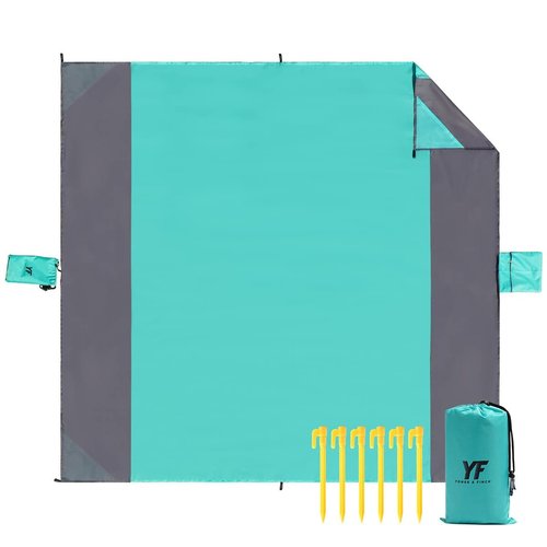 Yonge & Finch Large Beach Blanket Sandproof Heat-Resistent Beach Mat Machine Washable Camp Packable Pocket Blanket Waterproof Outdoor Blanket Fit 4-7 Persons 83 * 79inch Acid Blue