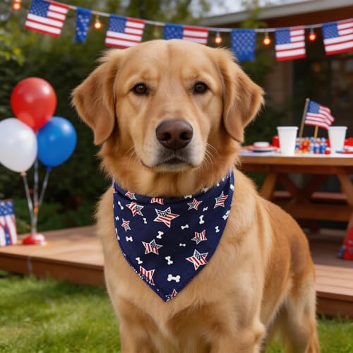 Washable American Flag Dog Bandana Bibs - Blue, Adjustable Pet Collar & Scarf