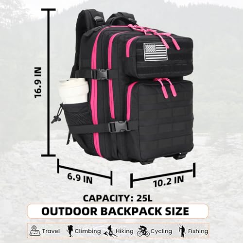 Tactical Military Backpack Small Travel Pack with Bottle Holder - Black Neon Pink