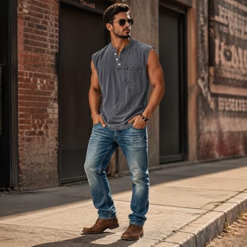 Gray Mens Tank Top Summer Casual Workout Henley Sleeveless T-Shirt XL
