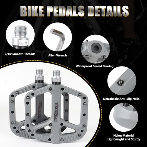 HANEVEAR Mountain Bike Pedals, Large Size MTB Pedals 9/16" Wide Platform Pedals, Lightweight Nylon Fiber Bicycle Pedals for BMX MTB Road Bikes